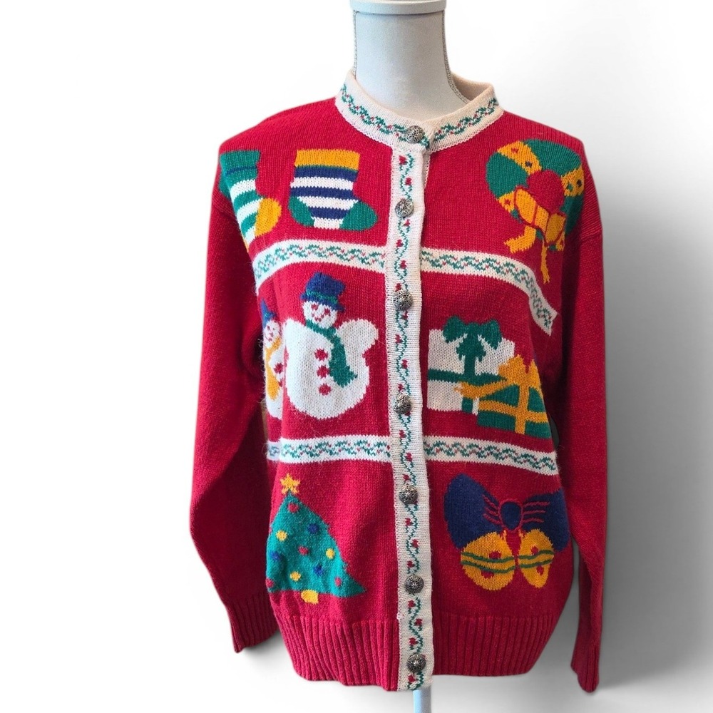 High Gate Ltd Sweater Ramie Cotton Christmas Cardigan Red Festive Vintage Large